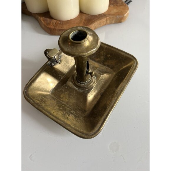 Antique Brass Pushup Candle Chamberstick Colonial Rectangular Base Finger Holder - Picture 9 of 9